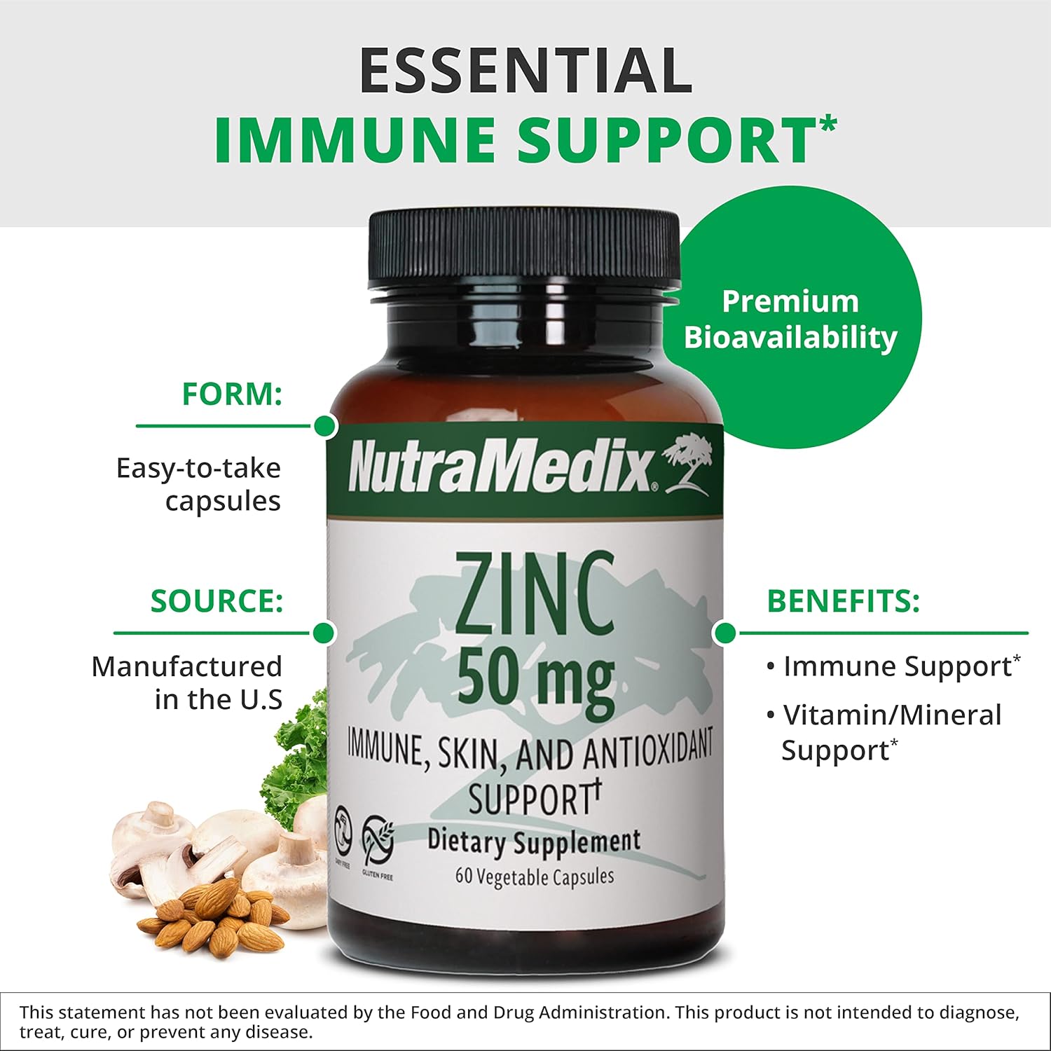 NutraMedix Zinc 50mg Capsules - Immune Defense, Skin Health, Antioxidant Support - Easy-to-Digest Zinc - 60 Count