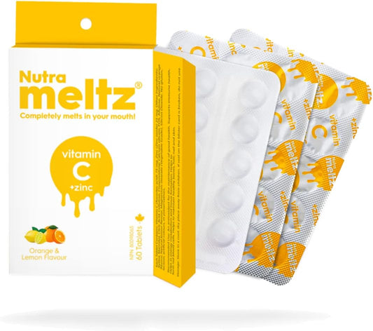 NutraMeltz Vitamin C and Zinc Tablets - Immunity Support for Hair Growth, Quick Dissolve Lemon & Orange Flavor - 60 Ct.