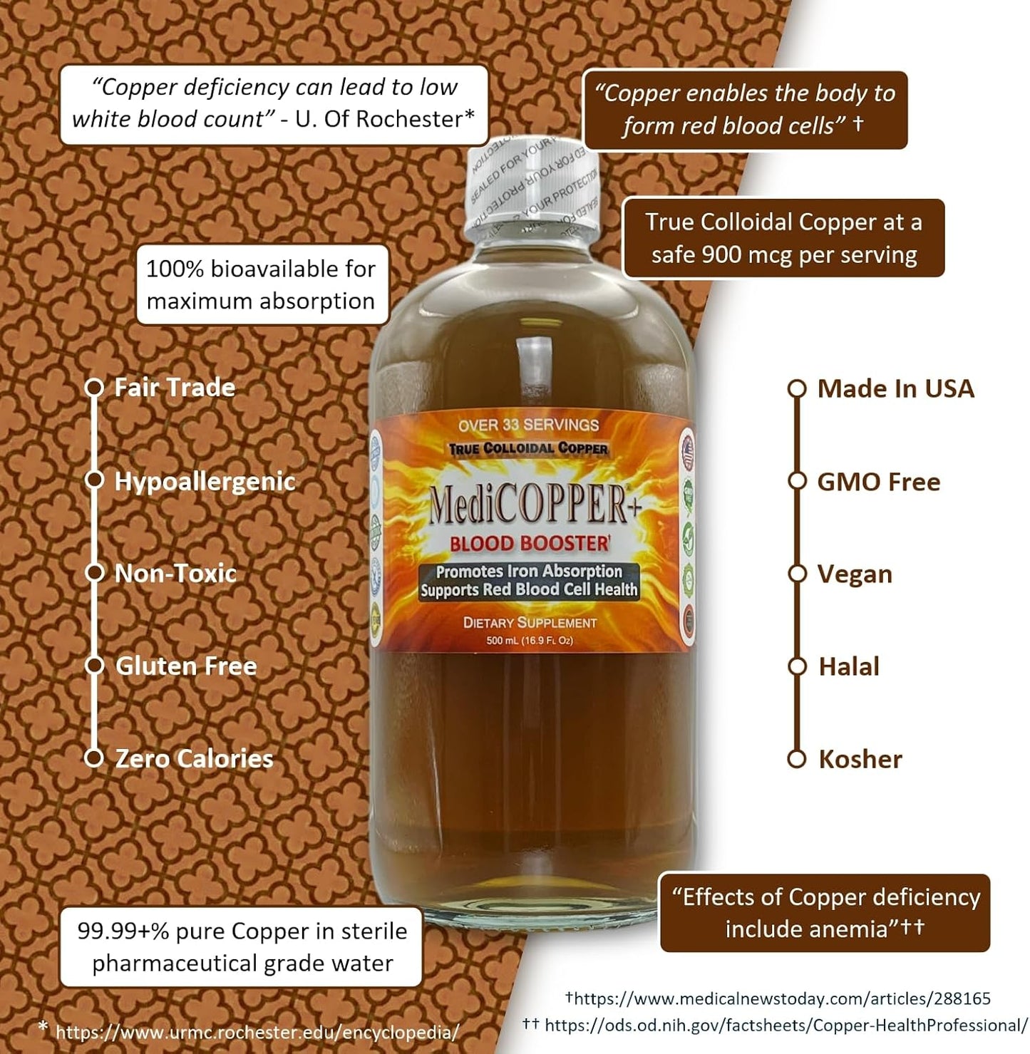 Nutraneering MediCOPPER® Plus True Colloidal Copper CuNP Supplement - 500 mL Blood Booster in Clear Plastic Bottle