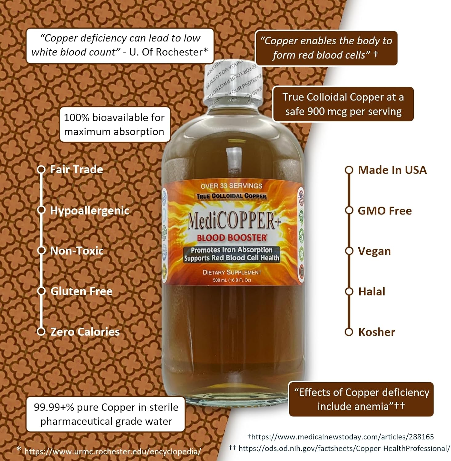 Nutraneering MediCOPPER® Plus True Colloidal Copper CuNP Supplement - 500 mL Blood Booster in Clear Plastic Bottle