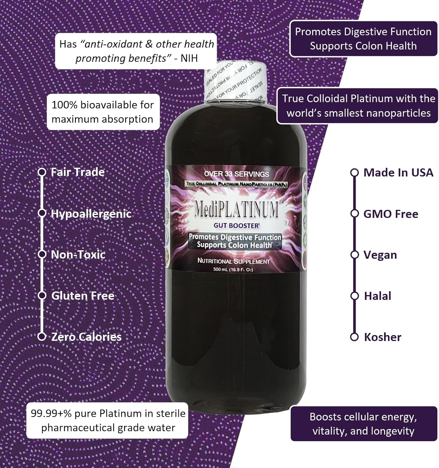 Nutraneering MediPLATINUM Gut Booster True Colloidal Platinum PtNP Supplement - 500 mL Bottle