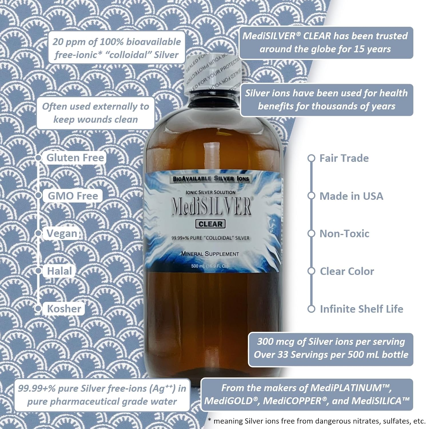 Nutraneering MediSILVER Clear True Free Ionic Colloidal Silver Supplement - 500 mL Amber Bottle