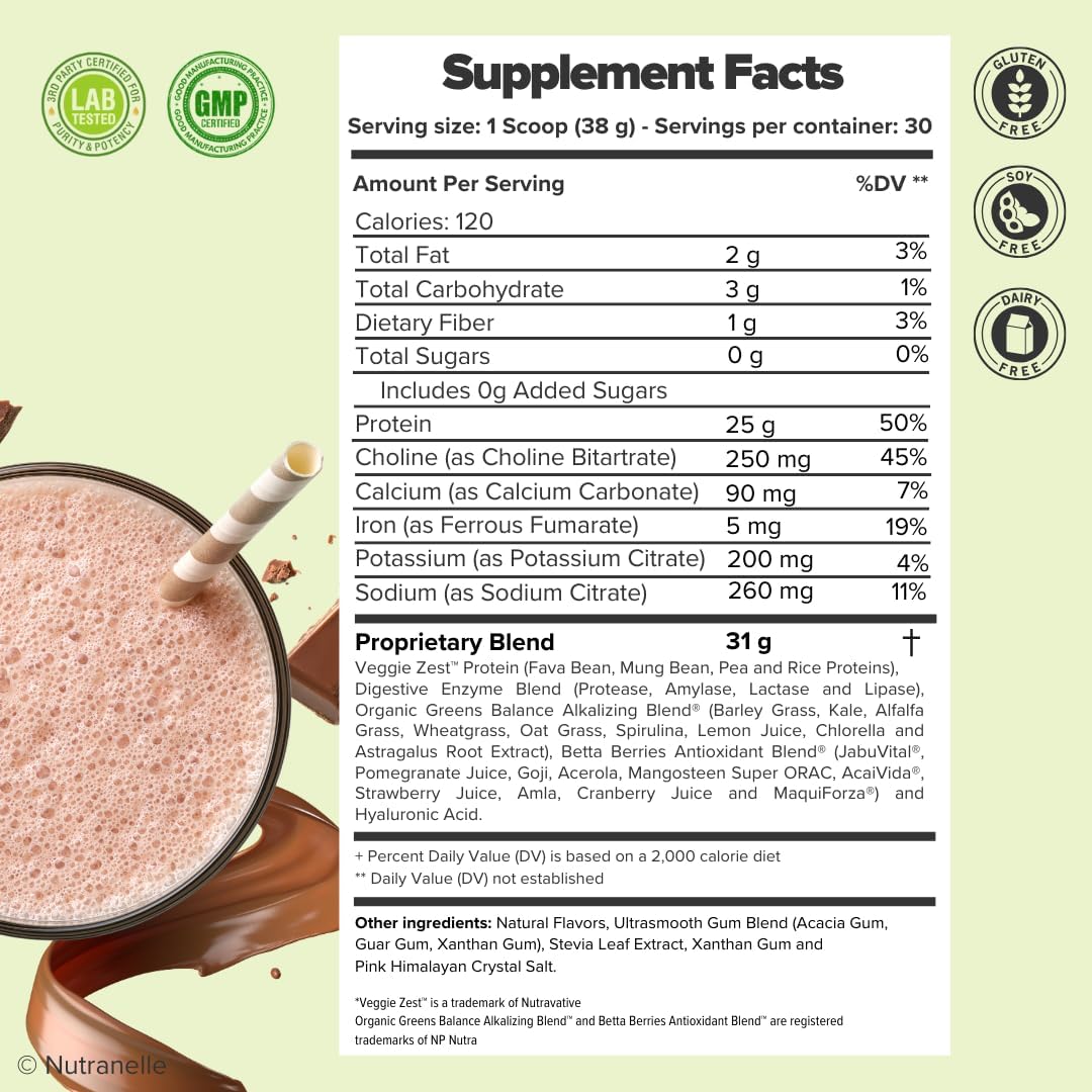 Nutranelle Plant-Based Protein Powder - 25g Vegan Protein Blend with Superfoods & Amino Acids - Chocolate Flavor - 30 Servings