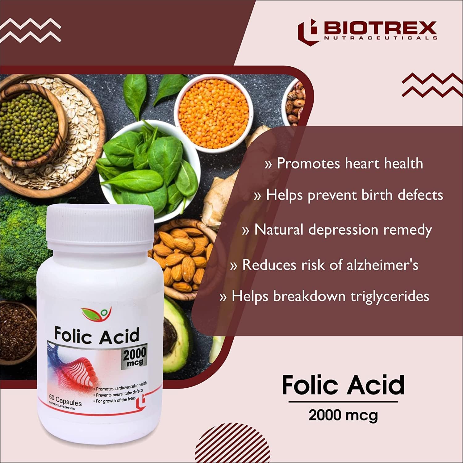 Nutranix VNZ Folic Acid 2000mcg Supplement - 120 Capsules, Two-Pack