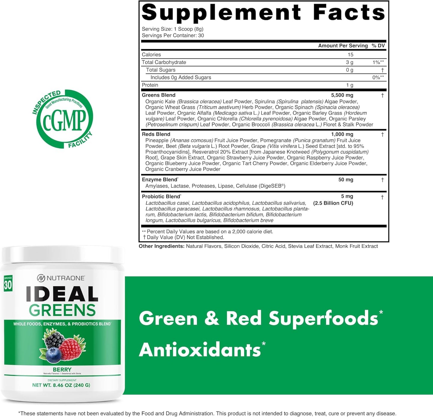 NutraOne Ideal Greens Berry Superfood Powder Supplement - Antioxidant & Nutrient-Rich Formula (30 Servings)