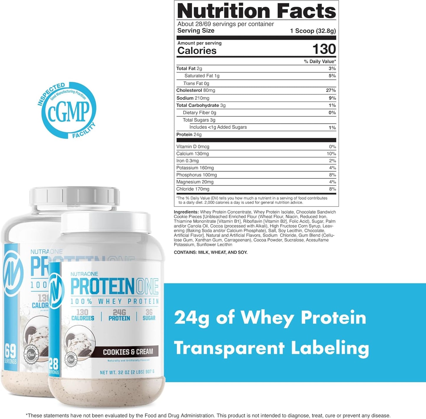 NutraOne ProteinOne Whey Protein Shake Powder - Recovery & Muscle Building Formula for Men & Women (Cookies & Cream, 2 LB)