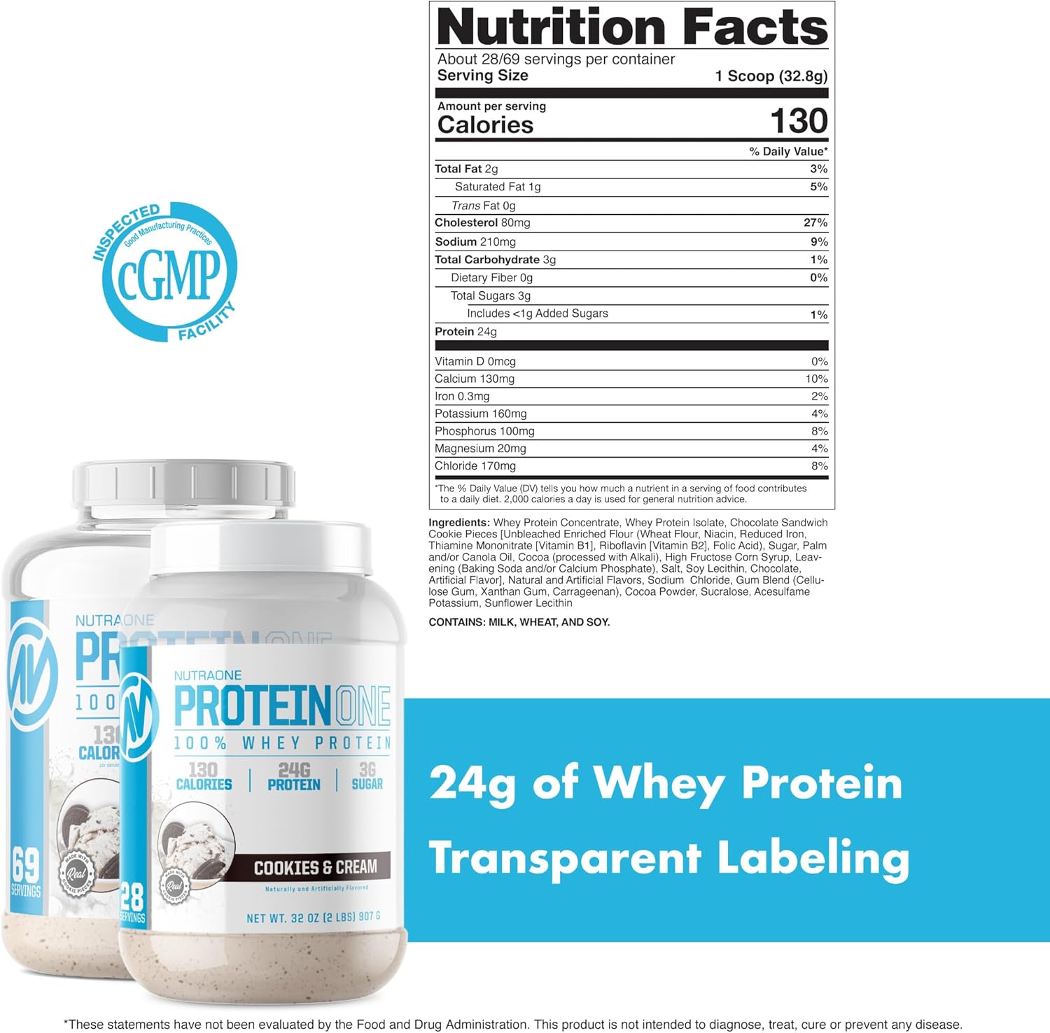 NutraOne ProteinOne Whey Protein Shake Powder - Recovery & Muscle Building Formula for Men & Women (Cookies & Cream, 2 LB)