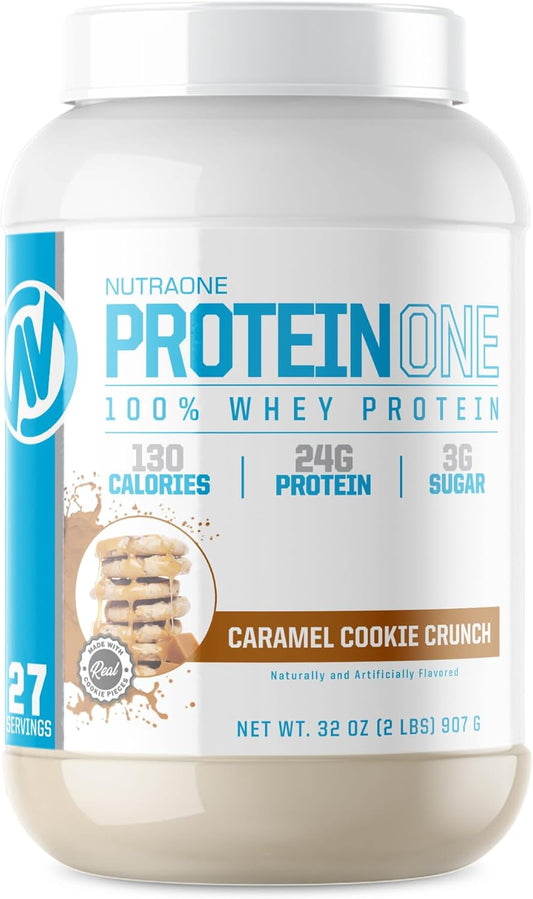 NutraOne ProteinOne Whey Protein Shake Powder for Men & Women - Caramel Cookie Crunch Flavor, 2 LB - Enhance Recovery and Muscle Building