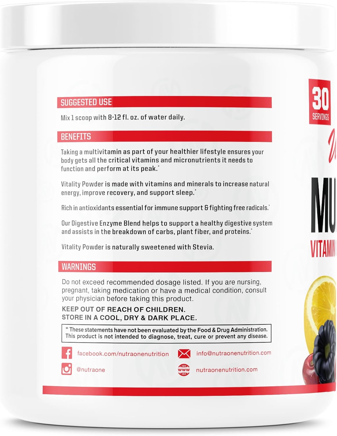 NutraOne Vitality Fruit Punch Vitamin Powder Supplement - 30 Servings