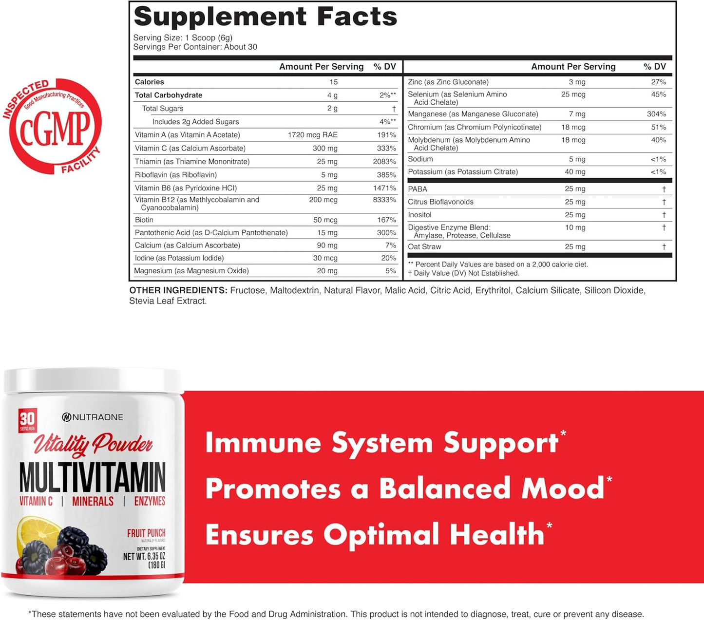 NutraOne Vitality Fruit Punch Vitamin Powder Supplement - 30 Servings