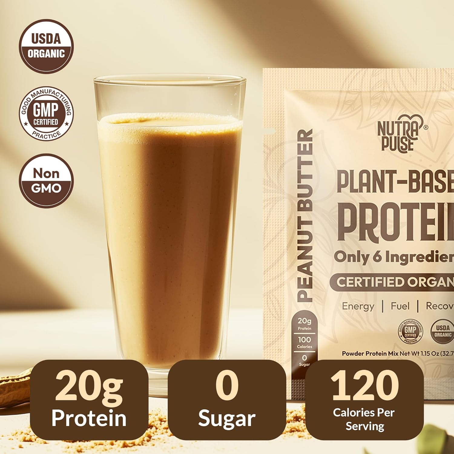 NUTRAPULSE Organic Vegan Protein Powder Sample Pack - Plant-Based & Gluten-Free, Non GMO, 20g Protein, Ideal for Smoothies - Peanut Butter Flavor, Pack of 16