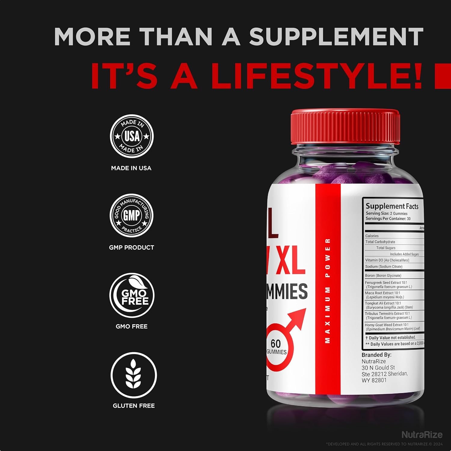 NutraRize VitalGrow XL Testo Gummies - Stamina and Confidence Boost for Men - 60 Gummies
