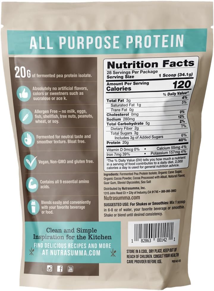 Nutrasumma Chocolate Vegan Pea Protein Powder - 100% Plant-Based, No Artificial Sweeteners, Non-GMO, Gluten-Free & Soy-Free - 2.11 LB