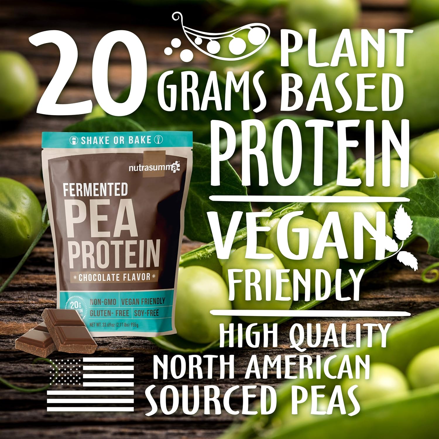 Nutrasumma Chocolate Vegan Pea Protein Powder - 100% Plant-Based, No Artificial Sweeteners, Non-GMO, Gluten-Free & Soy-Free - 2.11 LB