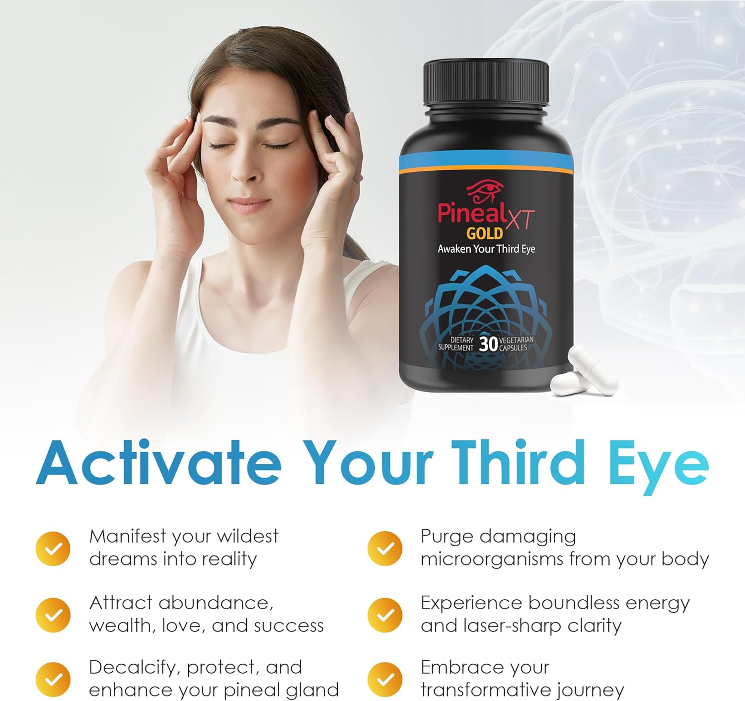 Nutraville Pineal XT Gold: Custom Formula for Pineal Gland Decalcification & Third Eye Activation - 7 Powerful Ingredients - Body Detox - Vegetarian Capsules