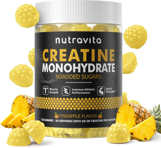 Nutravita Creatine Monohydrate Gummies - 5g per Serving - Sugar Free, Vegan, Pineapple Flavor - 120 Count Bottle for Men and Women - BoostGo Australia