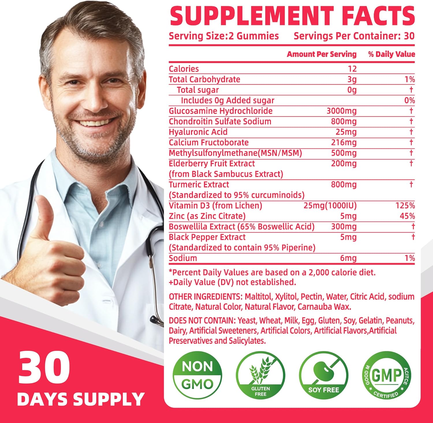 Nutravita Glucosamine Chondroitin Gummies with MSM, Elderberry - Joint & Immune Support for Adults - 60 Strawberry Chews