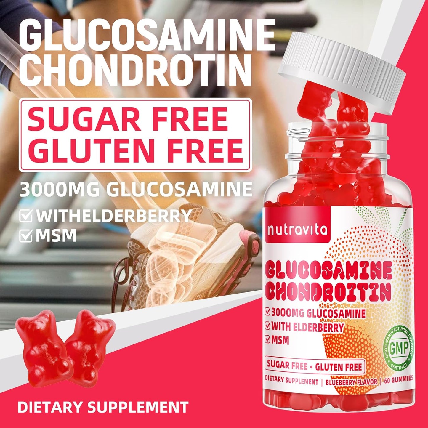 Nutravita Glucosamine Chondroitin Gummies with MSM, Elderberry - Joint & Immune Support for Adults - 60 Strawberry Chews