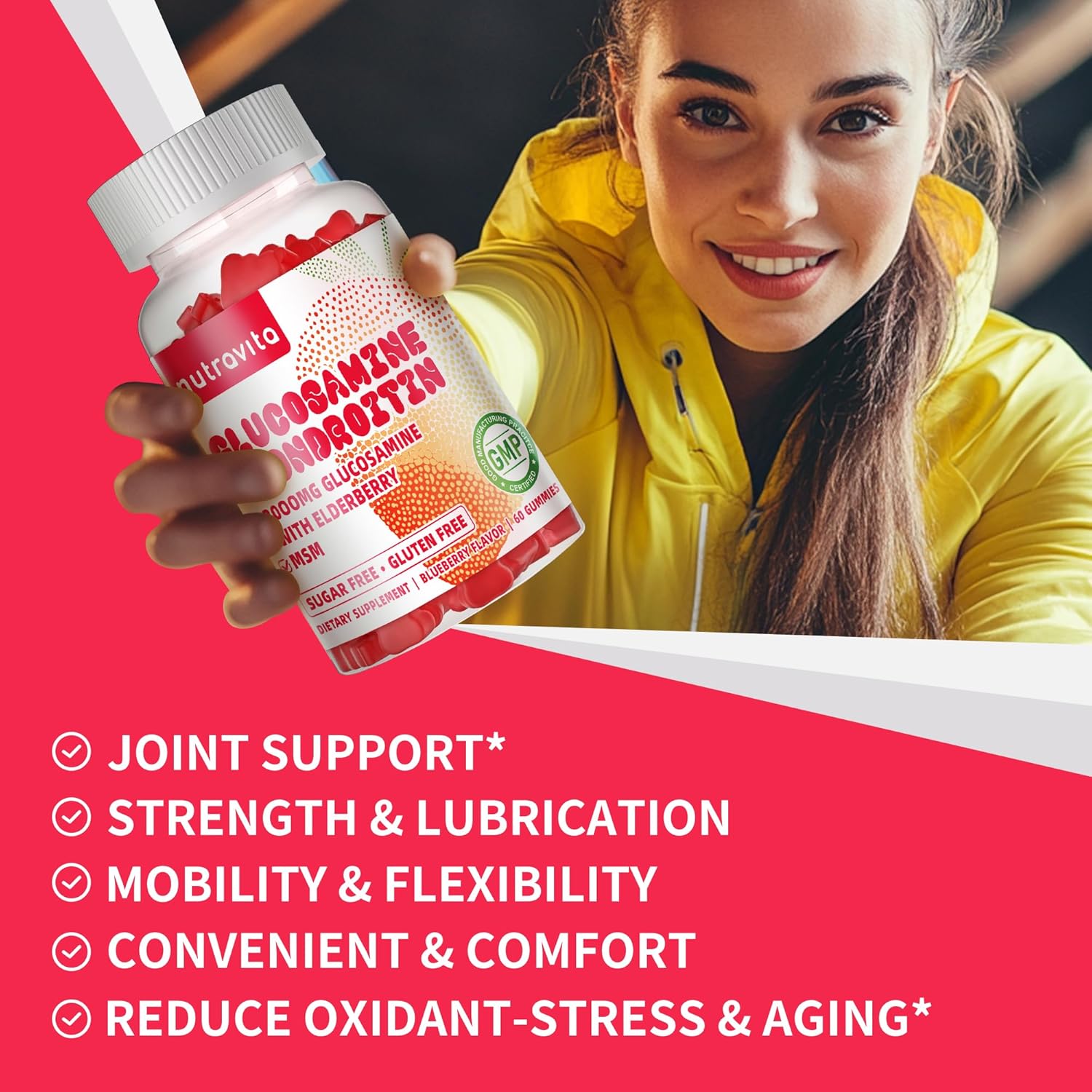 Nutravita Glucosamine Chondroitin Gummies with MSM, Elderberry - Joint & Immune Support for Adults - 60 Strawberry Chews
