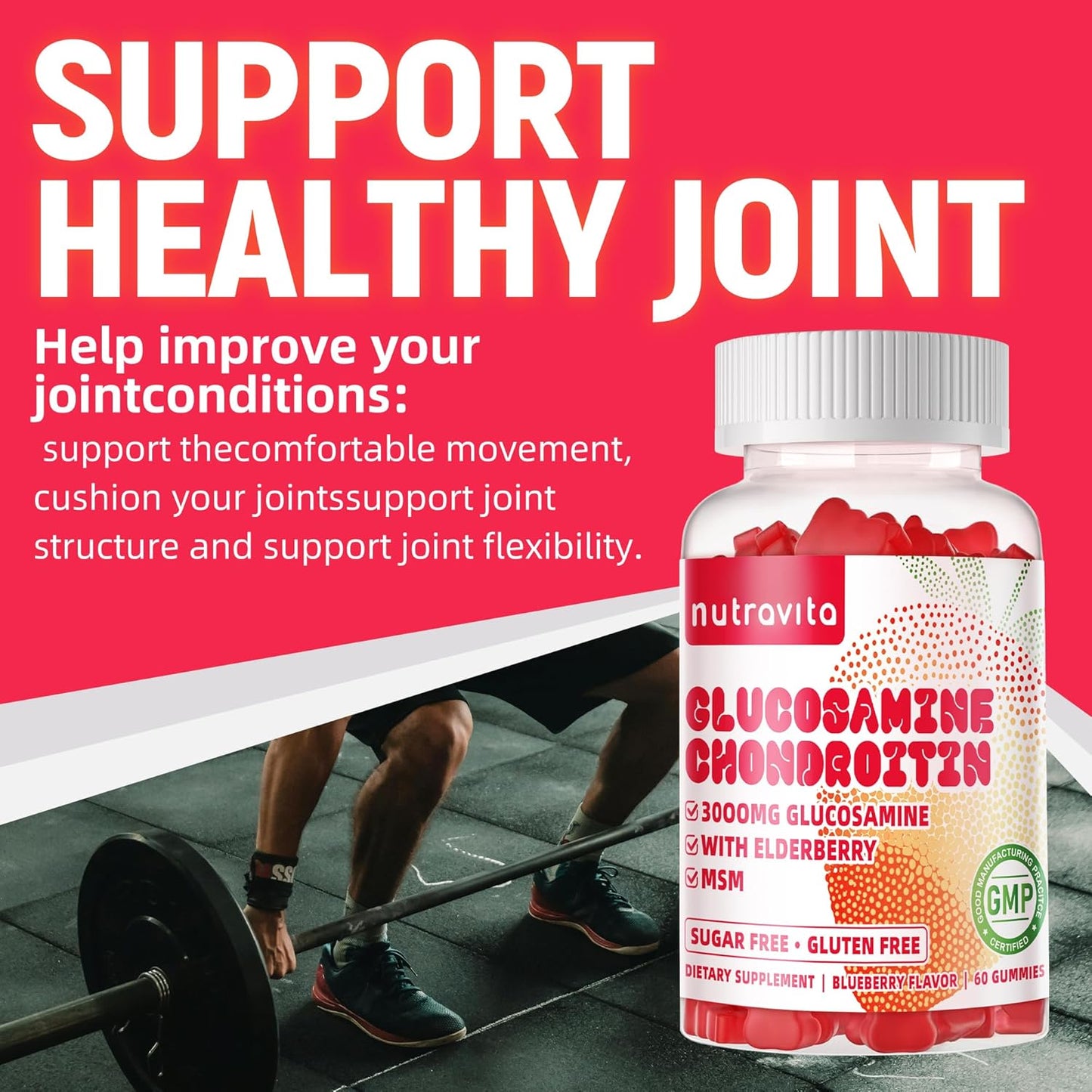 Nutravita Glucosamine Chondroitin Gummies with MSM, Elderberry - Joint & Immune Support for Adults - 60 Strawberry Chews