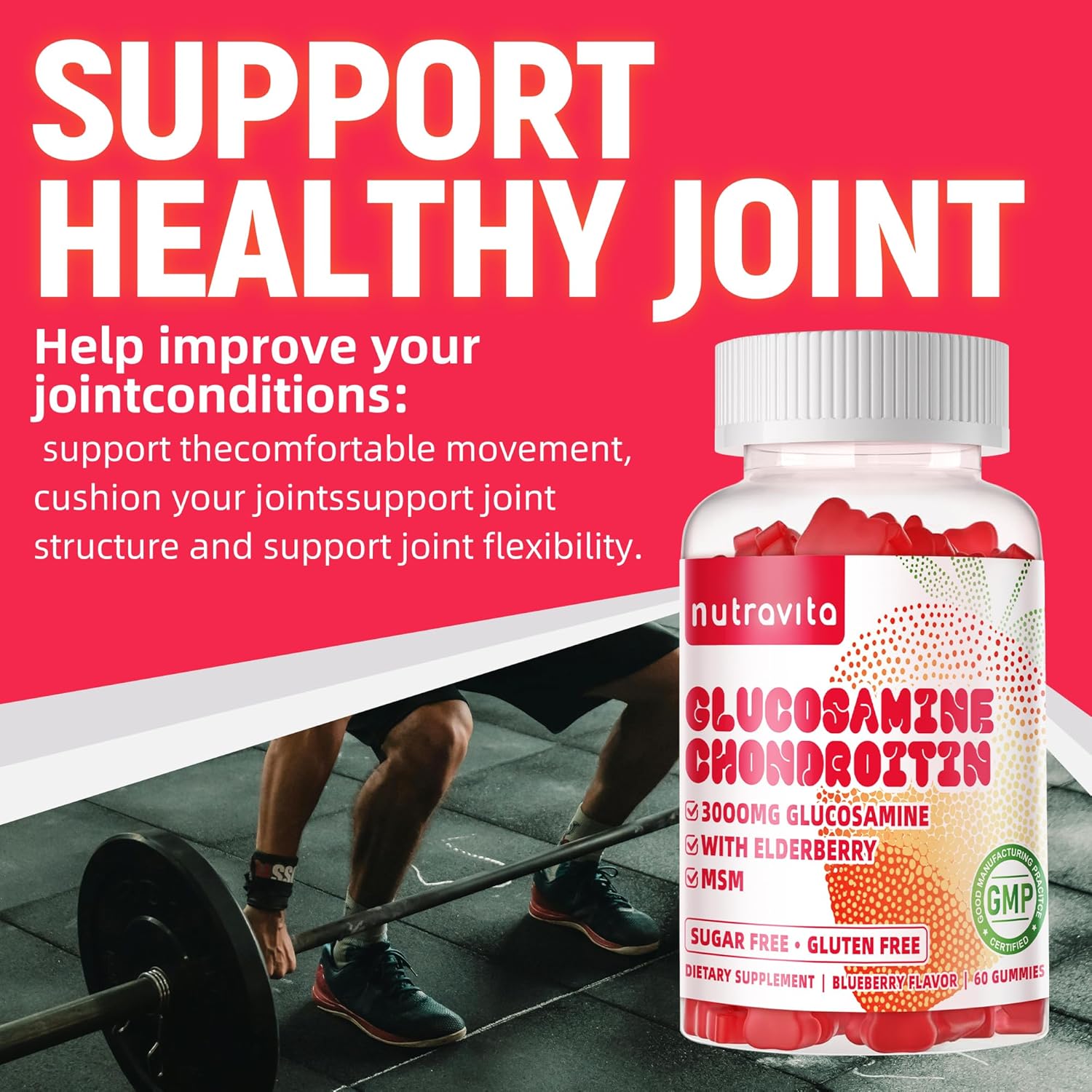 Nutravita Glucosamine Chondroitin Gummies with MSM, Elderberry - Joint & Immune Support for Adults - 60 Strawberry Chews