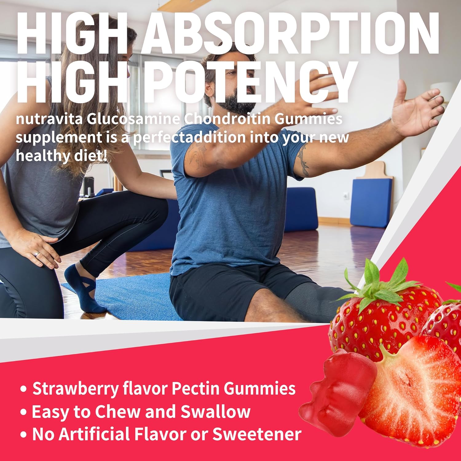 Nutravita Glucosamine Chondroitin Gummies with MSM, Elderberry - Joint & Immune Support for Adults - 60 Strawberry Chews