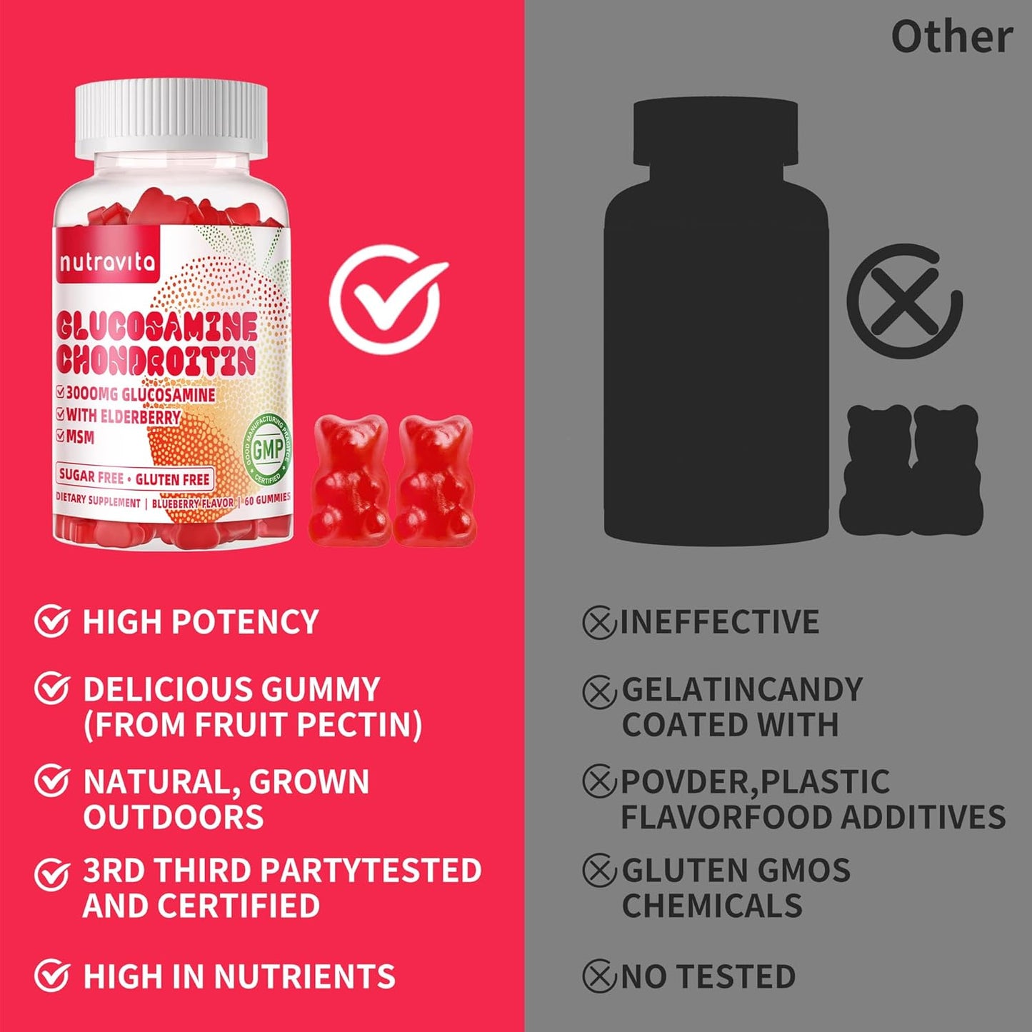 Nutravita Glucosamine Chondroitin Gummies with MSM, Elderberry - Joint & Immune Support for Adults - 60 Strawberry Chews