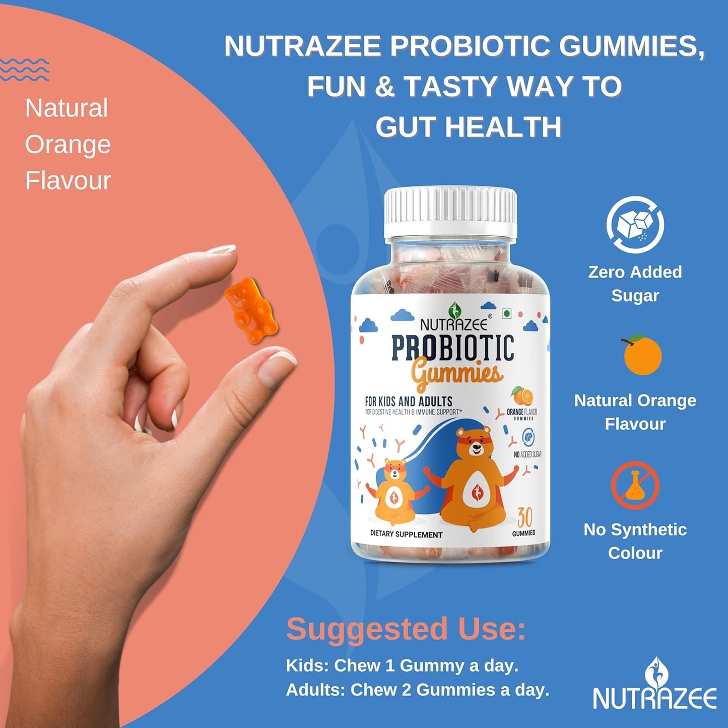 Nutrazee Probiotic Gummies with 2 Billion CFU and Prebiotic Fiber for Digestion, Immunity, and Easy Bowel Movement - 30 Gummy Bears