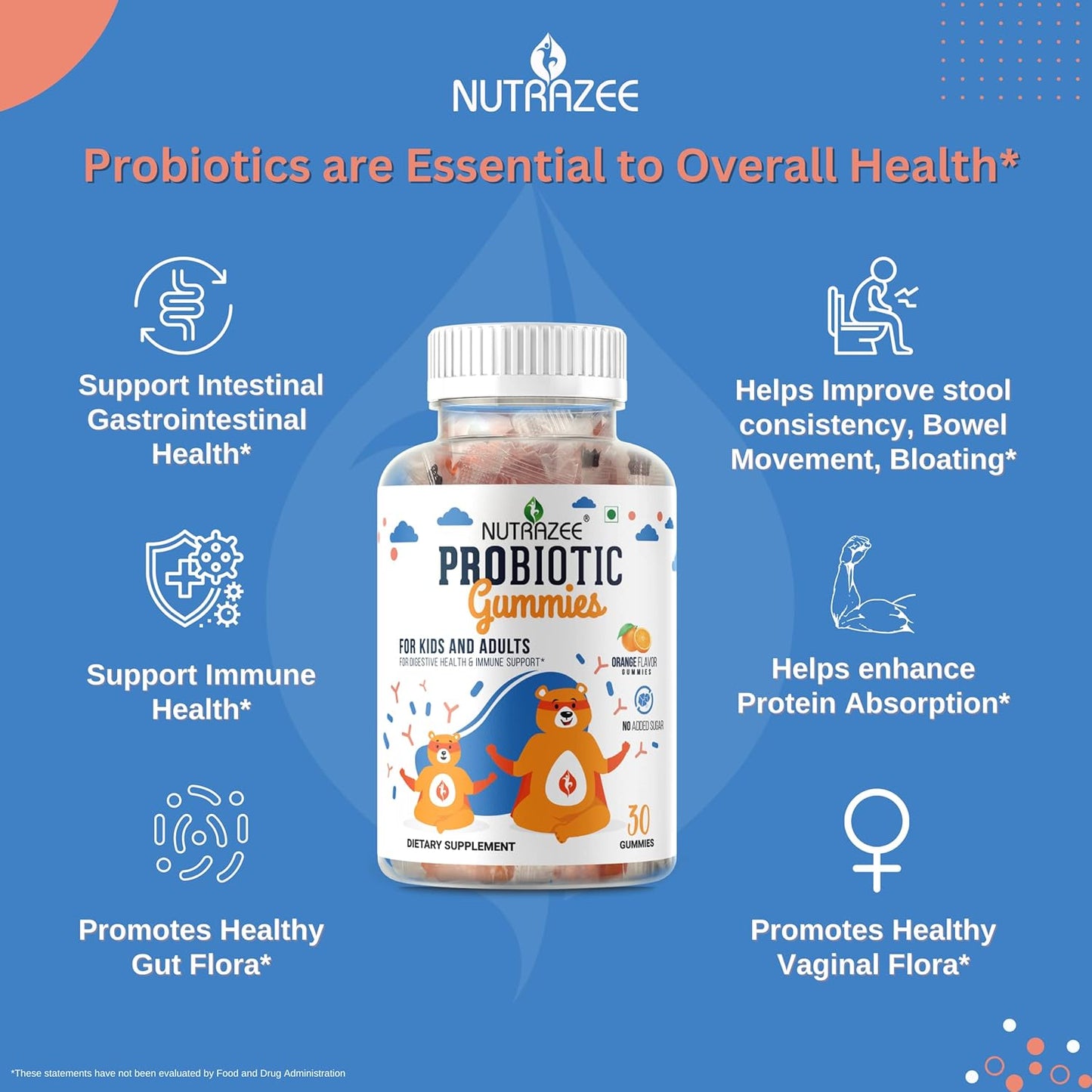 Nutrazee Probiotic Gummies with 2 Billion CFU and Prebiotic Fiber for Digestion, Immunity, and Easy Bowel Movement - 30 Gummy Bears