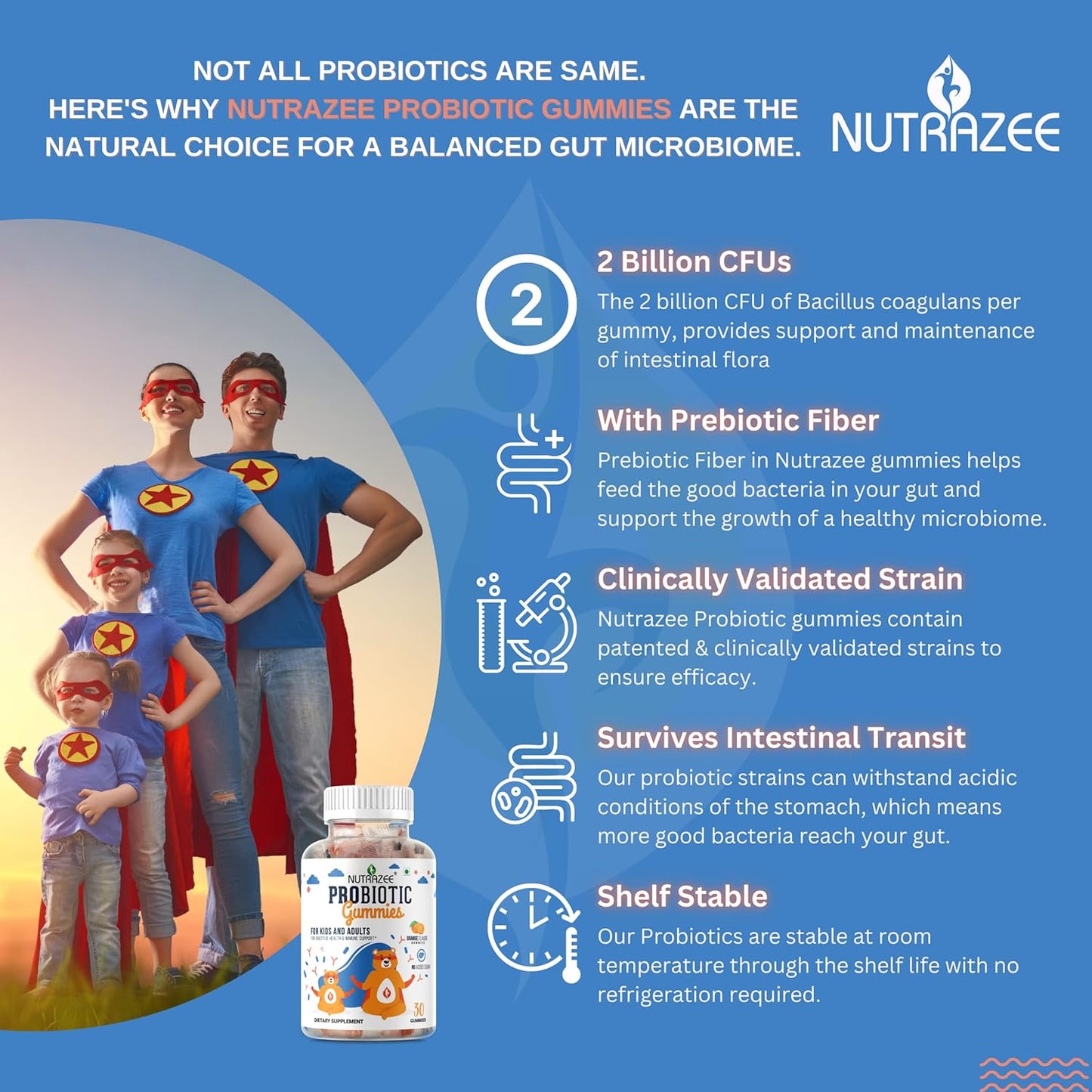Nutrazee Probiotic Gummies with 2 Billion CFU and Prebiotic Fiber for Digestion, Immunity, and Easy Bowel Movement - 30 Gummy Bears