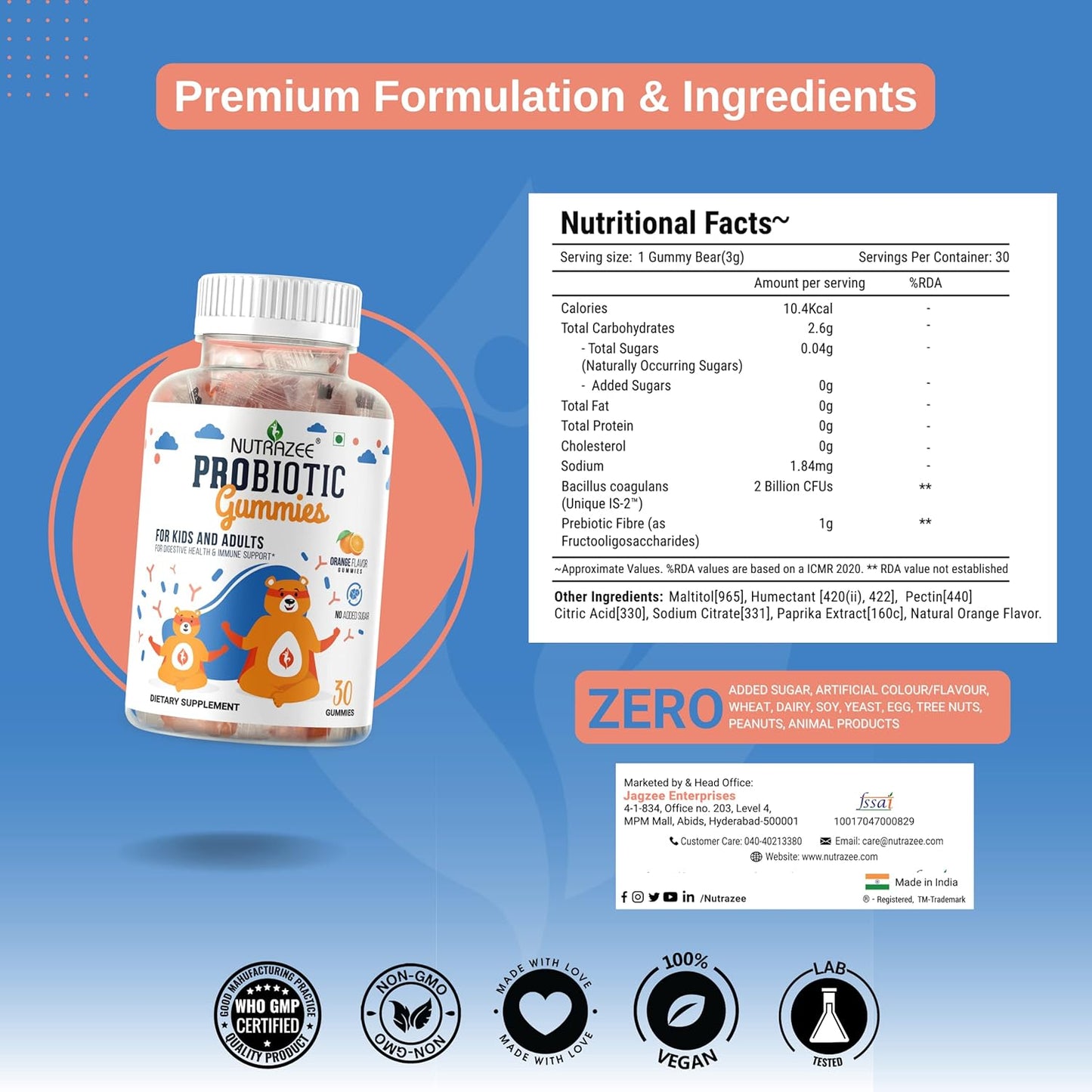 Nutrazee Probiotic Gummies with 2 Billion CFU and Prebiotic Fiber for Digestion, Immunity, and Easy Bowel Movement - 30 Gummy Bears