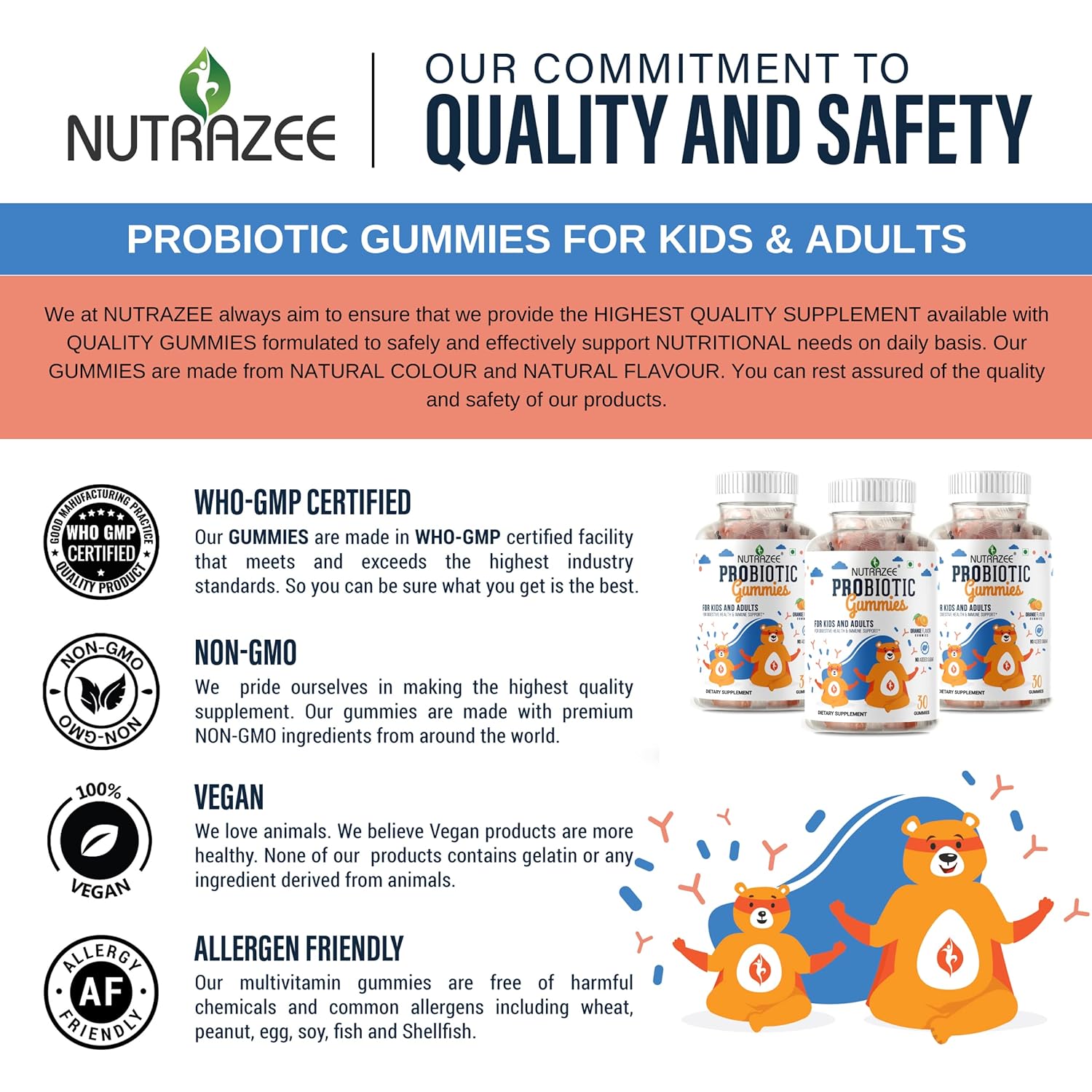 Nutrazee Probiotic Gummies with 2 Billion CFU and Prebiotic Fiber for Digestion, Immunity, and Easy Bowel Movement - 30 Gummy Bears