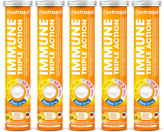 nutrazul Immune Boost Effervescent Tablets - High Strength Vitamin C, D, Zinc I Orange Flavor (1000mg C, 400 IU D, 10mg Zn) I Pack of 100 Tablets | Gluten-Free, Sugar-Free, Lactose-Free & Preservative-Free