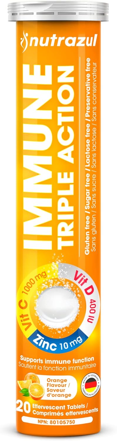nutrazul Immune Triple Action Effervescent Tablet - 1000mg Vitamin C, D, Zinc - Orange - 20 Tablets - Gluten, Sugar, Lactose, & Preservative Free - Supports Immune Function