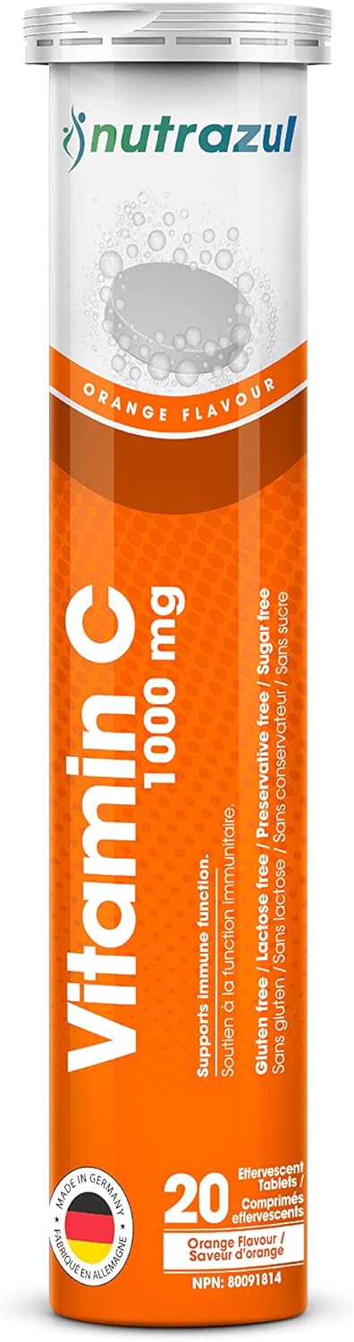 Nutrazul Vitamin C 1000mg Effervescent Tablets - Orange 20 Pack | Gluten, Lactose, Sugar & Preservative Free | Immune Function Support for 20 Days