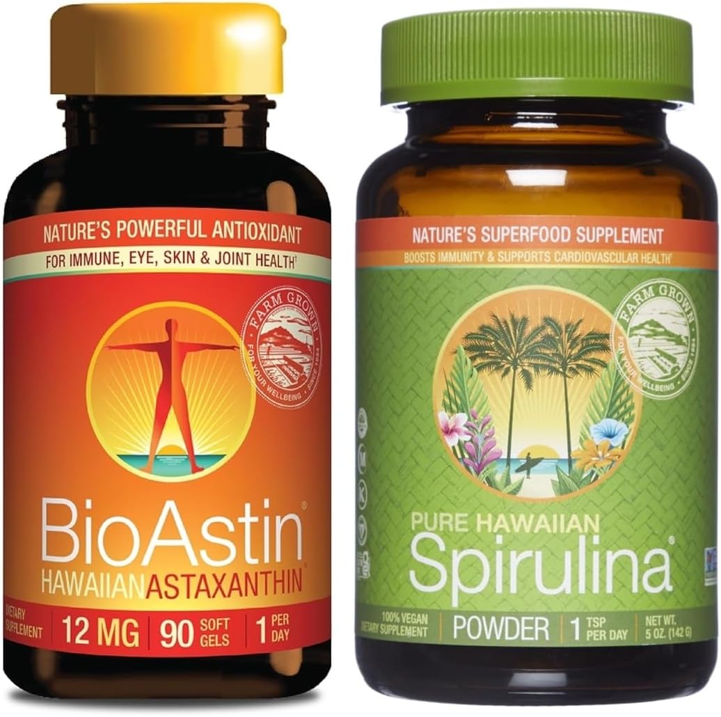 Nutrex BioAstin Hawaiian Astaxanthin 12mg + Pure Hawaiian Spirulina Powder Bundle - 90 Count Capsules, 5oz Powder