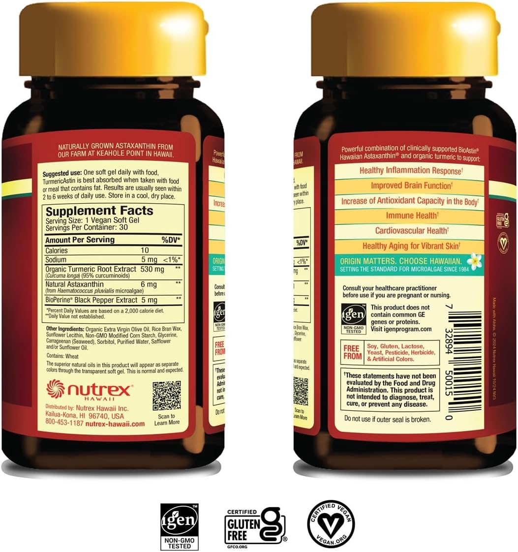 Nutrex Hawaii TurmericAstin Capsules - Turmeric, Astaxanthin, BioPerine - 30 Count