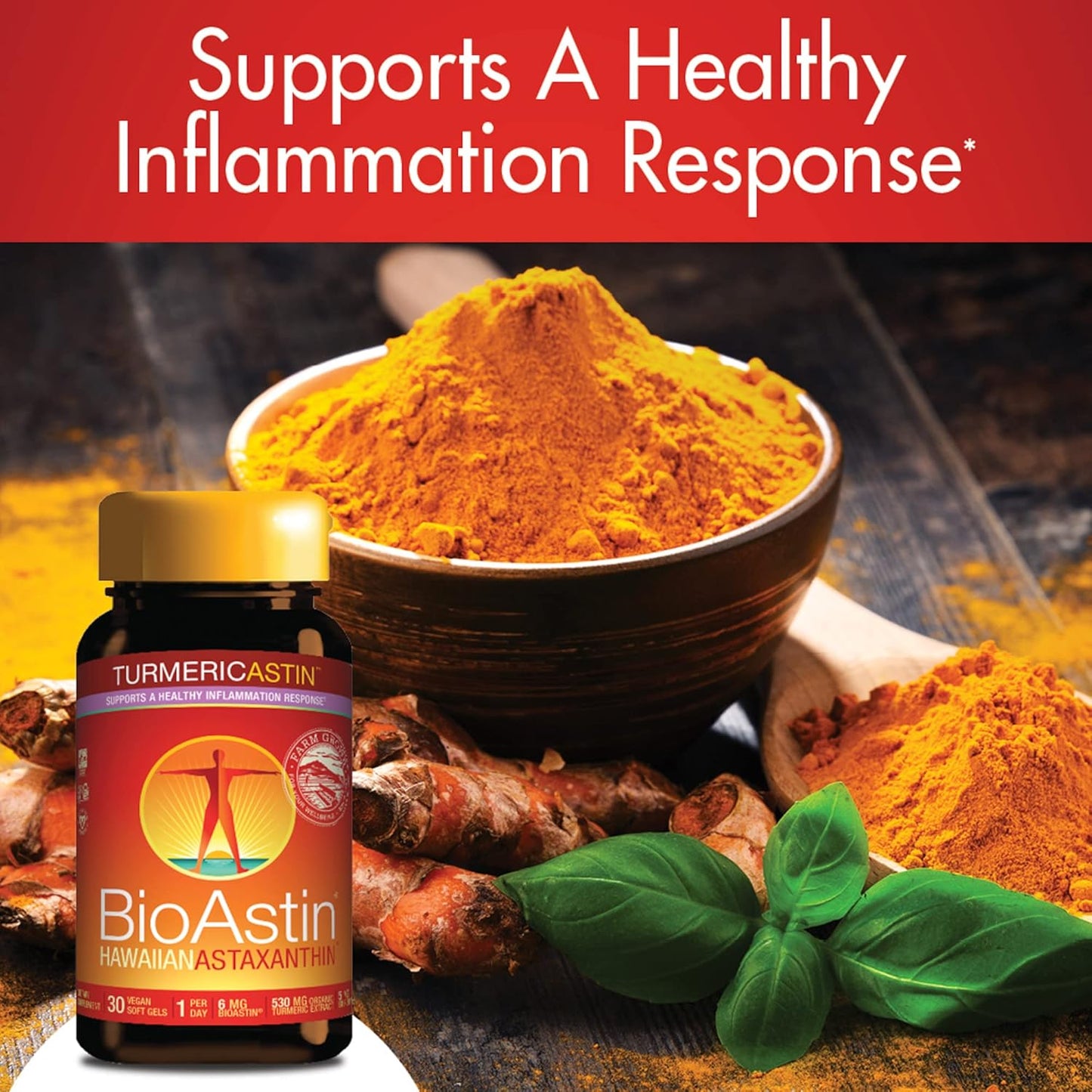 Nutrex Hawaii TurmericAstin Capsules - Turmeric, Astaxanthin, BioPerine - 30 Count