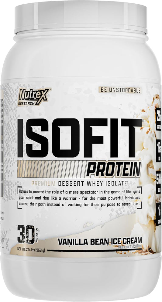 Nutrex IsoFit Whey Protein Powder - Vanilla Bean Ice Cream Flavor - 100% Whey Protein Isolate - 30 Servings