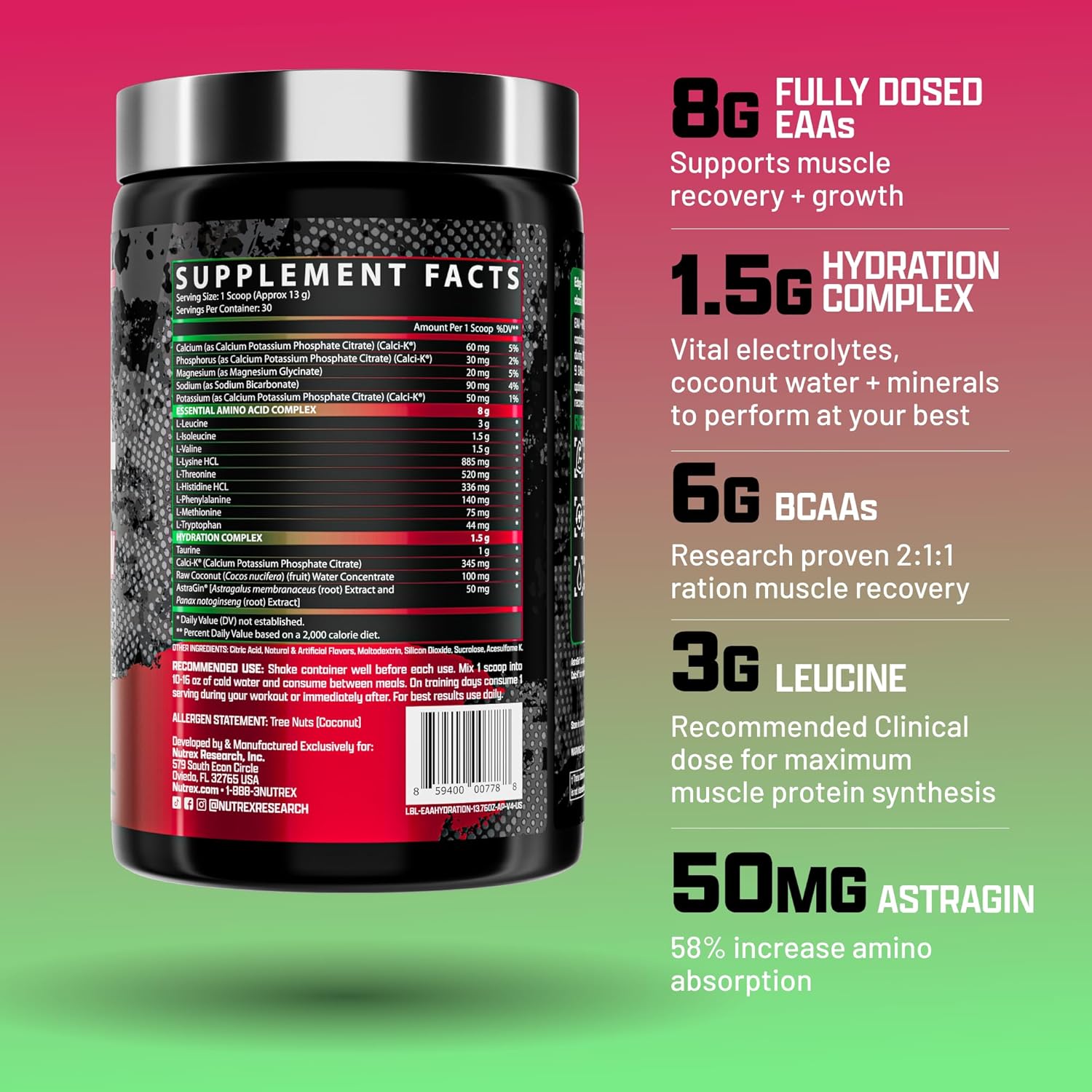Nutrex Research EAA Hydration Powder - Muscle Recovery, Strength, Endurance - 8g Amino Acids + Electrolytes - Apple Pear Flavor - 30 Servings