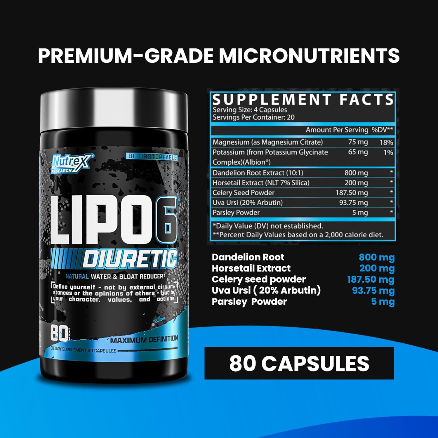 Nutrex Research Lipo 6 Black Diuretic Water Pills (80 Caps) - Reduce Bloat & Water Weight, Enhance Muscle Definition - Bloating Relief & Water Retention Pills