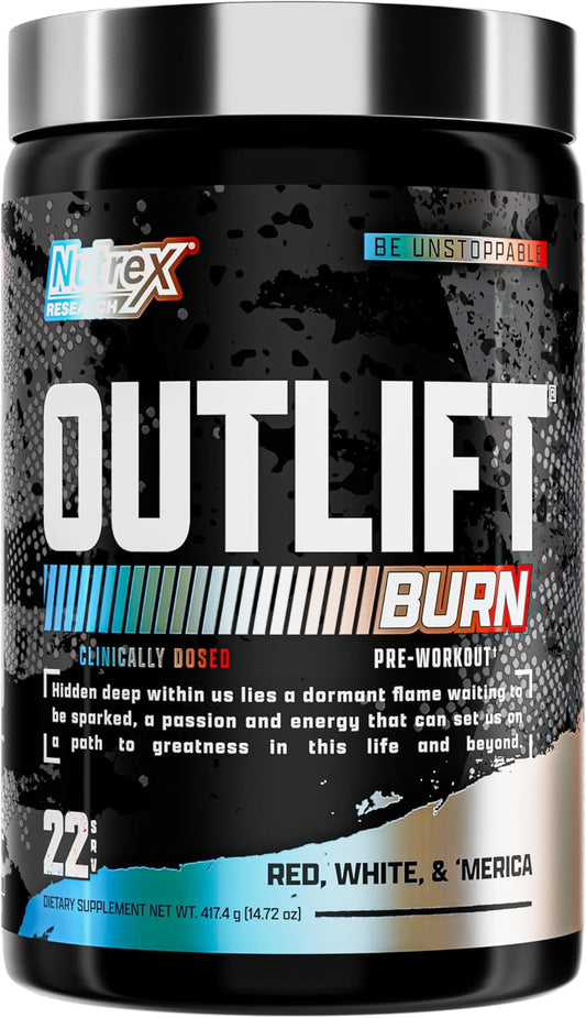 Nutrex Research Outlift Burn Pre Workout Powder, 2-in-1 Performance & Shredding Supplement with Metabolyte and GBBGO (22 Servings, Red White Merica)