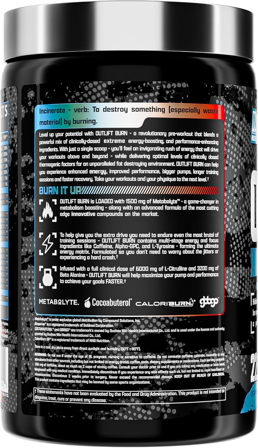 Nutrex Research Outlift Burn Pre Workout Powder, 2-in-1 Performance & Shredding Supplement with Metabolyte and GBBGO (22 Servings, Red White Merica)