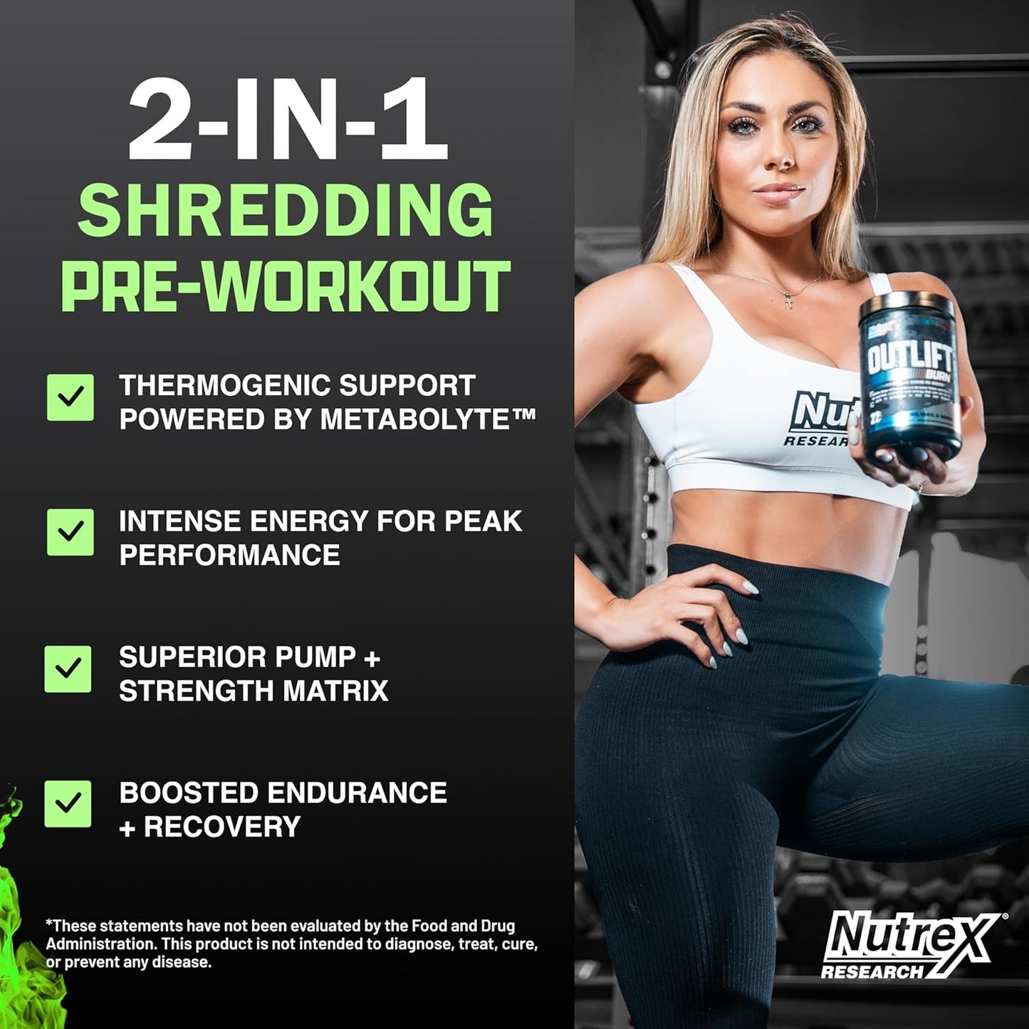 Nutrex Research Outlift Burn Pre Workout Powder, 2-in-1 Performance & Shredding Supplement with Metabolyte and GBBGO (22 Servings, Red White Merica)