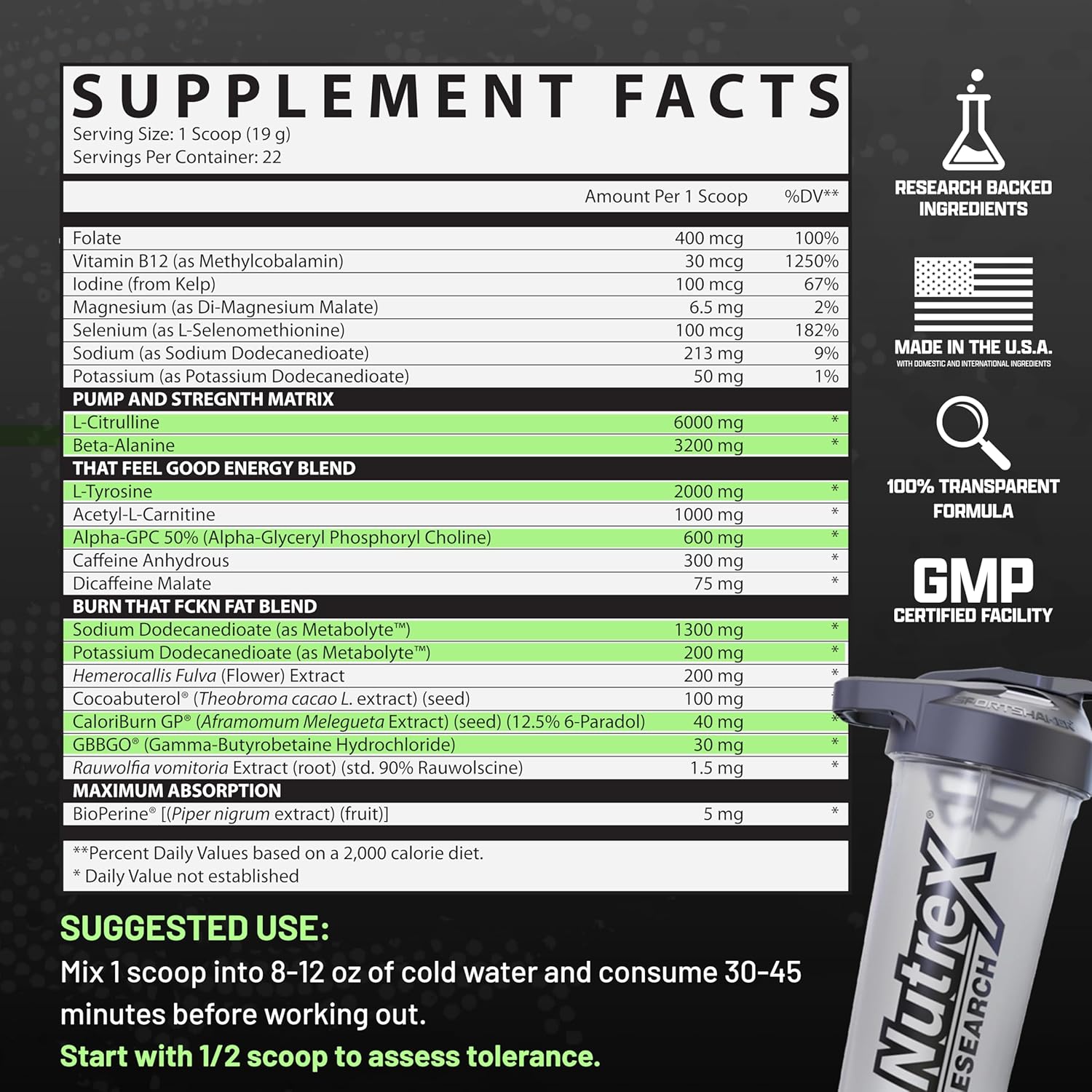 Nutrex Research Outlift Burn Pre Workout Powder, 2-in-1 Performance & Shredding Supplement with Metabolyte and GBBGO (22 Servings, Red White Merica)