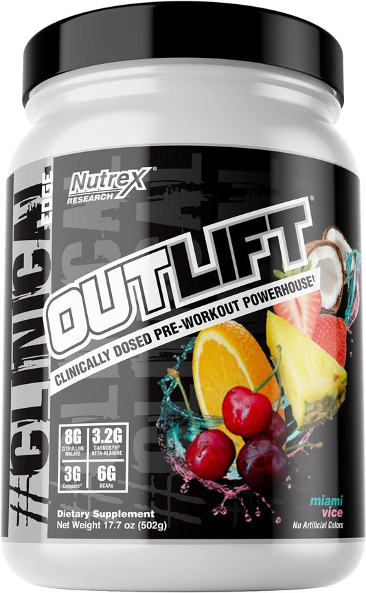 Nutrex Research Outlift Miami Vice Pre Workout Powder - Clinically Dosed Supplement for Energy, Pumps, Citrulline, BCAA, Creatine, Beta-Alanine - 20 Servings for Men and Women