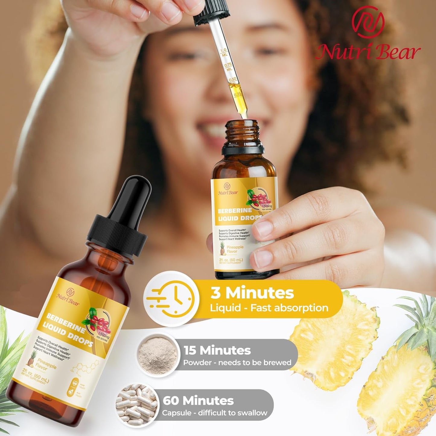 Nutribear Berberine Liquid Drops Supplement: AMPK Activator with Ceylon Cinnamon & Turmeric, Vegan Immune & Digestive Support