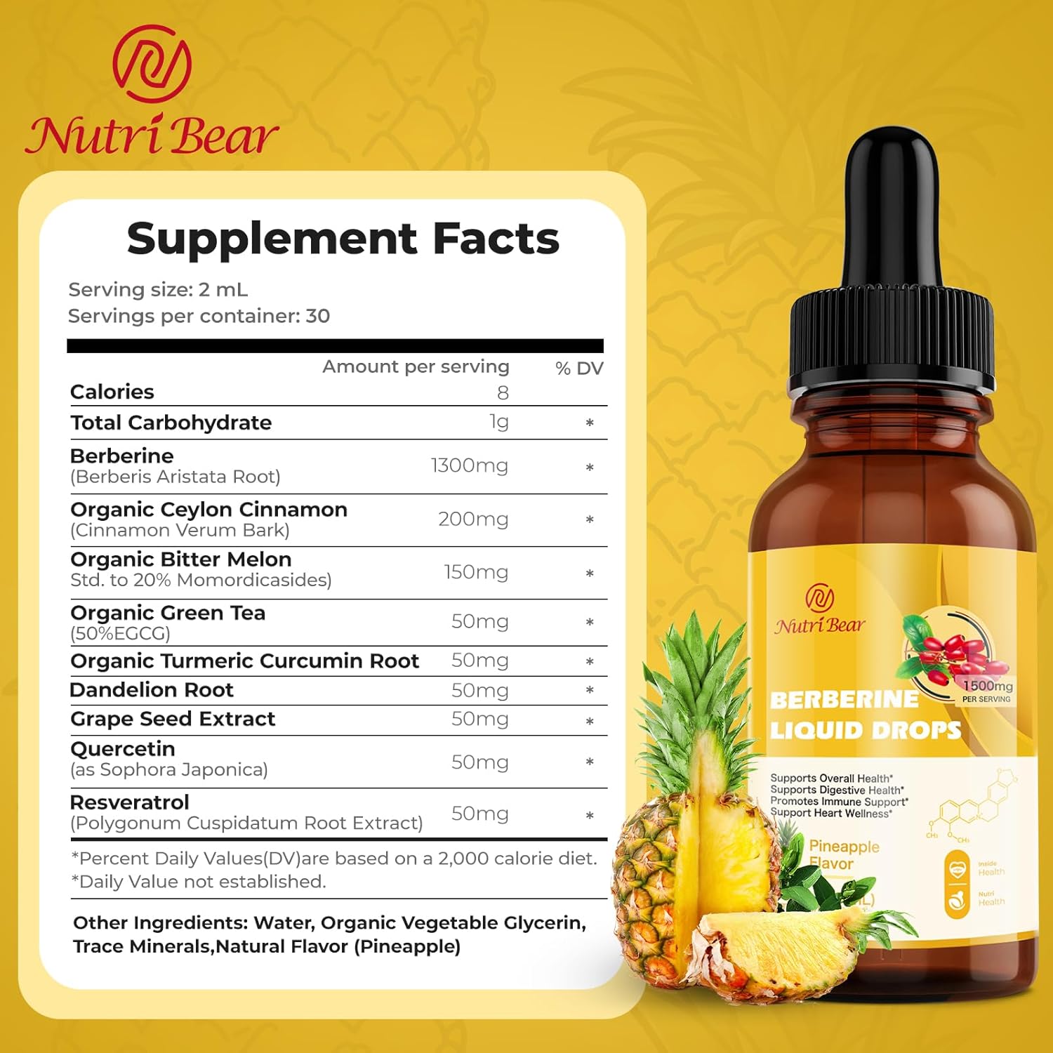 Nutribear Berberine Liquid Drops Supplement: AMPK Activator with Ceylon Cinnamon & Turmeric, Vegan Immune & Digestive Support