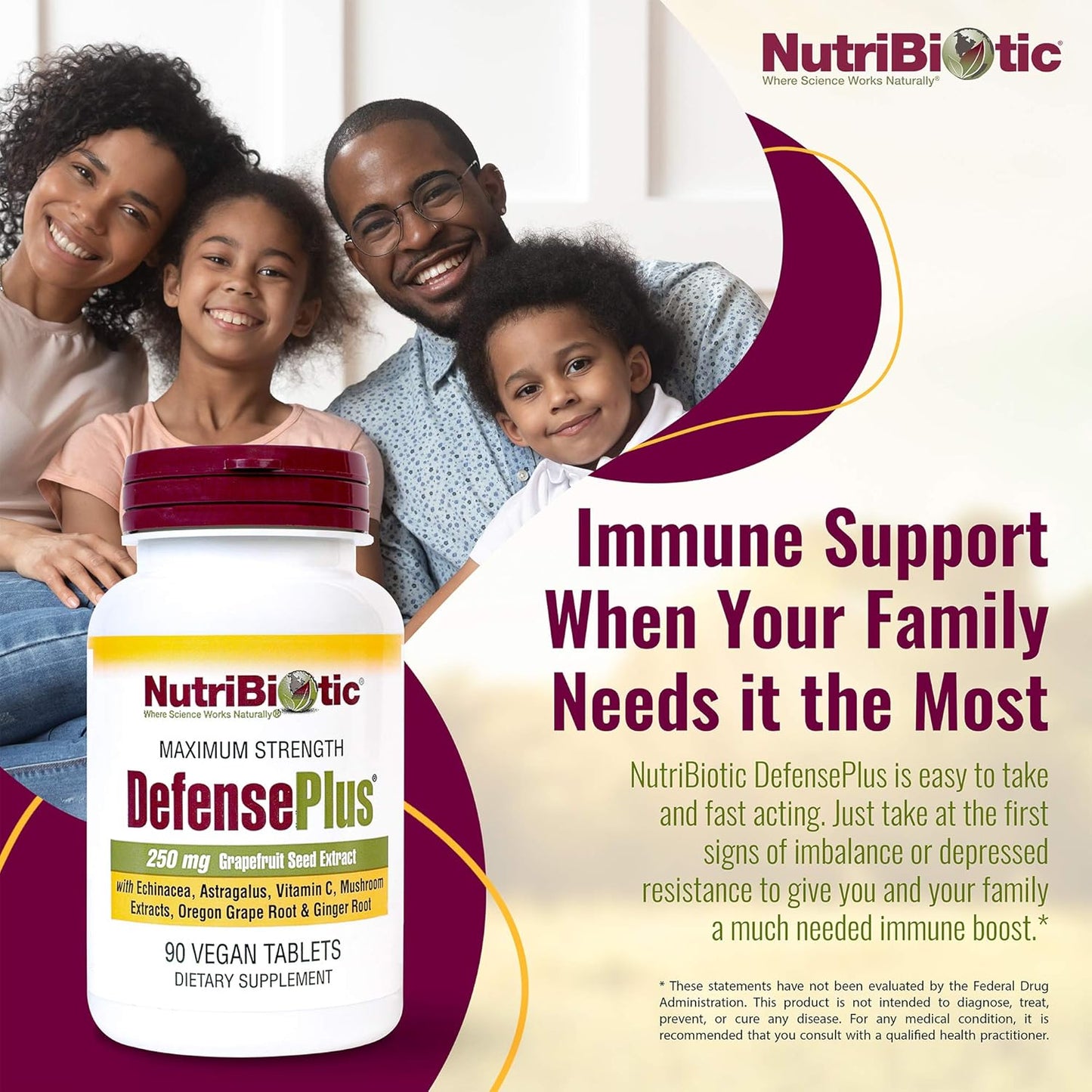 NutriBiotic DefensePlus 90 Tablets - Immune Support with Vitamin C, Zinc, Grapefruit Seed Extract, Echinacea, Astragalus Root, Mushrooms - Vegan & Gluten-Free