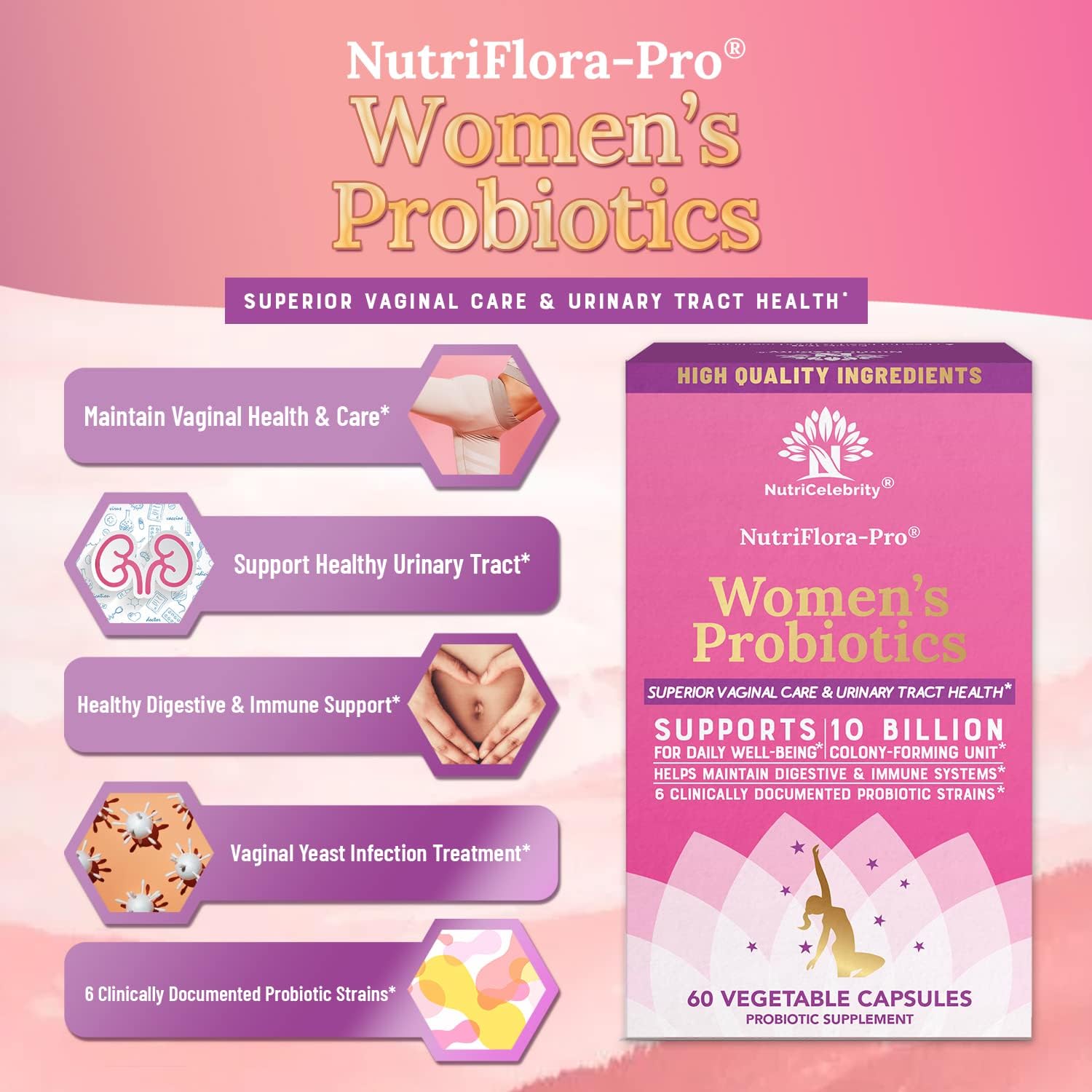 Nutricelebrity NutriFlora-Pro Probiotics for Women - Vaginal, Urinary, and Digestive Health Support - Cranberry Pills - 10 Billion CFU - 60 Capsules